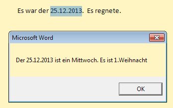 Ein Popup-Fenster zeigt zum ausgewählten Datum den Wochentag und gegebenenfalls den Feiertag an.